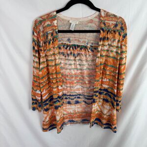 Chicos Women's Cardigan Size 2 Medium Orange Print 3/4 Sleeves Open Front